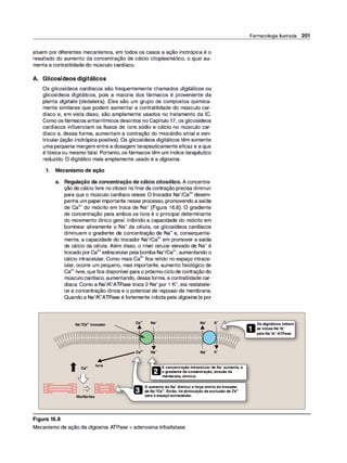 atuem por diferentes mecanismos, em todos os casos a ação inotrópica é o
resultado do aumento da concentração de cálcio citoplasmático, o qual au­
menta a contratilidade do músculo cardíaco.
A. Glicosídeos digitálicos
Os glicosídeos cardíacos são frequentemente chamados digitálicos ou
glicosídeos digitálicos, pois a maioria dos fármacos é proveniente da
planta digita/is (dedaleira). Eles são um grupo de compostos quimica­
mente similares que podem aumentar a contratilidade do músculo car­
díaco e, em vista disso, são amplamente usados no tratamento da IC.
Como osfármacos antiarrítmicos descritos no Capítulo 17, os glicosídeos
cardíacos influenciam os fluxos de íons sódio e cálcio no músculo car­
díaco e, dessa forma, aumentam a contração do miocárdio atrial e ven­
tricular (ação inotrópica positiva). Os glicosídeos digitálicos têm somente
uma pequena margem entre a dosagem terapeuticamente eficaz e a que
é tóxicaou mesmo fatal. Portanto, os fármacos têm um índice terapêutico
reduzido. O digitálico mais amplamente usado é a digoxina.
1. Mecanismo de ação
a. Regulação da concentração de cálcio citosólico. A concentra­
ção de cálcio livre no citosol nofinal da contração precisa diminuir
para que o músculo cardíaco relaxe. O trocador Na+1ca
2
+ desem­
penha um papel importante nesse processo, promovendo a saída
de Ca
2
+ do miócito em troca de Na+ (Figura 16.8). O gradiente
de concentração para ambos os íons é o principal determinante
do movimento iônico geral. Inibindo a capacidade do miócito em
bombear ativamente o Na+ da célula, os glicosídeos cardíacos
diminuem o gradiente de concentração de Na+ e, consequente­
mente, a capacidade do trocador Na+/Ca
2
+ em promover a saída
de cálcio da célula. Além disso, o nível celular elevado de Na+ é
trocado porCa
2
+extracelularpela bomba Na+/Ca
2
+, aumentando o
cálcio intracelular. Como mais Ca
2
+ fica retido no espaço intrace­
lular, ocorre um pequeno, mas importante, aumento fisiológico de
Ca
2
+ livre, que fica disponível para o próximociclode contraçãodo
músculocardíaco, aumentando, dessaforma, a contratilidade car­
díaca. Como a Na+/K+ATPase troca 2 Na+por 1 K+, ela restabele­
ce a concentração iônica e o potencial de repouso da membrana.
Quando a Na+/K+ATPase é fortemente inibida pela digoxina (e por
Na•1ca2•trocador
'
t Ca2• livre
Miofibrilas
Figura 16.8
Ca2•
..
n A concentraçãointracelularde Na•aumenta,e
E';:ll ogradientedeconcentração,atravésda
membrana,diminui.
� OaumentodoNa•diminuiaforçamotrizdotrocador
E:,111 deNa·1ca2••Então,hádiminuiçãodaexclusãodeCa2•
paraoespaçoextracelular.
Mecanismo de ação da digoxina. ATPase = adenosina trifosfatase.
Farmacologia Ilustrada 201
D
Osdigitãlicosinibem
astrocasNa•1K•
pelaNa·1K··ATPase.
 