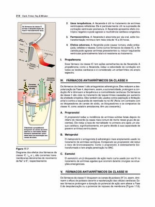 214 Clark, Finkel, Rey & Whalen
OsfármacosdaclasseIC
tornamadespolarizaçãode
FaseO marcadamentelenta.
-
-
l�
do
refrat
�
efetivo
-
-
-
-
-
-
-
-
-
Correntes
......
...
Inter/o
K+
� diastólicas
Correntes K':
depotencial
deação
Ca2• Ca2•
2'
Ca• c82.
Ca2•
Flecainida epropafenona
bloqueiamoscanaisdesódio
abertosouinativados.Esses
fármacosapresentamveloci­
dadebaixadeassociaçãoaos
canaisdesódio.
Figura 17.7
Diagrama dos efeitos dos fármacos da
classe IC. INa e IK são correntes trans­
membranas decorrentes do movimento
de Na+ e K+, respectivamente.
2. Usos terapêuticos. A flecainida é útil no tratamento de arritmias
ventriculares refratárias. Ela é particularmente útil na supressão de
contração ventricular prematura. A flecainida apresenta efeito ino­
trópico negativo e pode agravar a insuficiência cardíaca congestiva.
3. Farmacocinética. A flecainida é absorvida por via oral, sofre bio­
transformação mínima e tem meia-vida de 16 a 20 horas.
4. Efeitos adversos. A flecainida pode causar tontura, visão emba­
çada, cefaleia e náusea. Como outros fármacos da classe IC, a f/e­
cainida pode agravar arritmias preexistentes ou induzir taquicardia
ventricular potencialmente fatal e é resistente ao tratamento.
1. Propafenona
Esse fármaco da classe IC tem ações semelhantes às da flecainida. A
propafenona, como a flecainida, reduz a velocidade de condução em
todos os tecidos cardíacos e é considerado um antiarrítmico de amplo
espectro.
IV. FÁRMACOS ANTIARRÍTMICOS DA CLASSE li
Osfármacos daclasse 11 são antagonistas adrenérgicos. Eles reduzem a des­
polarização de Fase 4, deprimem, assim, a automaticidade, prolongam a con­
dução AV e diminuem a frequência e a contratilidade cardíacas. Os fármacos
da classe li são úteis no tratamento de taquiarritmias causadas por aumento
da atividade simpática. Eles também são usados contra palpitação e fibrilação
atrial e contra a taquicardia de reentrada no nó AV. (Nota: em contraste com
os bloqueadores de canais de sódio, os bloqueadores e os compostos da
classe Ili, como sotalole amiodarona, têm uso crescente.)
A. Propranolol
O propranolol reduz a incidência de arritmias súbitas fatais depois do
infarto do miocárdio (a causa mais comum de morte nesse grupo de pa­
cientes). Ele reduz a taxa de mortalidade no primeiro ano após um ata­
que cardíaco, significativamente, em parte devido à sua capacidade de
prevenir arritmias ventriculares.
B. Metoprolol
O metoprololé o antagonista J3-adrenérgico mais amplamente usado no
tratamento de arritmias cardíacas. Comparado ao propranolol, ele reduz
o risco de broncoespasmo. Como o propranolol, é extensamente bio­
transformado e tem ampla penetração no SNC.
C. Esmolol
O esmolo/ é um J3-bloqueador de ação muito curta usado por via IV no
tratamento de arritmias agudas que ocorrem durante cirurgias ou situa­
ções emergenciais.
V. FÁRMACOS ANTIARRÍTMICOS DA CLASSE Ili
Osfármacos da classe Ili bloqueiam os canais de potássio (K+) e, assim, dimi­
nuem o efluxo de potássio durante a repolarização das células cardíacas. Es­
ses fármacos prolongam a duração do potencial de ação sem alterar a Fase
O de despolarização ou o potencial de repouso da membrana (Figura 17.8).
 