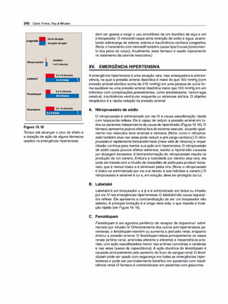 240 Clark, Finkel, Rey & Whalen
Legenda:
Nitroprussiato �
Labeta/oi
Feno/dopam
Nicardipino
Figura 19.16
Início de ação
Duração de ação
Imediato
1 a 2 minutos
5 a 1O minutos
2 a 5 minutos
5a 1O minutos
Tempo até alcançar o pico de efeito e
a duração de ação de alguns fármacos
usados na emergência hipertensiva.
dem ser graves e exigir o uso simultâneo de um diurético de alça e um
�-bloqueador. O minoxidil causa séria retenção de sódio e água, acarre­
tando sobrecarga de volume, edema e insuficiência cardíaca congestiva.
(Nota: otratamento com minoxidiltambém causa hipertricose [crescimen­
to dos pelos do corpo]. Atualmente, esse fármaco é usado topicamente
no tratamento da calvície masculina.)
XV. EMERGÊNCIA HIPERTENSIVA
A emergência hipertensiva é uma situação rara, mas ameaçadora à sobrevi­
vência, na qual a pressão arterial diastólica é maior do que 150 mmHg (com
pressão arterial sistólica acima de 21O mmHg) em uma pessoa de outra for­
ma saudável ou uma pressão arterial diastólica maior que 130 mmHg em um
indivíduo com complicações preexistentes, como encefalopatia, hemorragia
cerebral, insuficiência ventricular esquerda ou estenose aórtica. O objetivo
terapêutico é a rápida redução da pressão arterial.
A. Nitroprussiato de sódio
O nitroprussiato é administrado por via IV e causa vasodilatação rápida
com taquicardia reflexa. Ele é capaz de reduzir a pressão arterial em to­
dos os pacientes independente da causade hipertensão (Figura 19.16). O
fármaco apresenta poucos efeitosforadosistemavascular, atuando igual­
mente nos músculos lisos arteriais e venosos. (Nota: como o nitroprus­
siato também atua nas veias pode reduzir a pré-carga cardíaca.) O nitro­
prussiatoé rapidamente biotransformado (meia-vida de minutos) e requer
infusão contínua para manter sua ação anti-hipertensiva. O nitroprussiato
de sódio causa poucos efeitos adversos, exceto a hipotensão causada
por dosagem excessiva. A biotransformação do nitroprussiato resulta na
produção de íon cianeto. Embora a toxicidade por cianeto seja rara, ela
pode sertratadacom a infusão de tiossulfato de sódio para produzirtiocia­
nato, que é menos tóxico e é eliminado pelos rins. (Nota: o nitroprussiato
é tóxico se administrado por via oral devido à sua hidrólise a cianeto.) O
nitroprussiato é sensível à luz e, em solução, deve ser protegido da luz.
B. Labetalol
Labetalol é um bloqueador a e � e é administrado em bolus ou infusão
porvia IV nas emergências hipertensivas. O labetalolnão causa taquicar­
dia reflexa. Ele apresenta a contraindicação de ser um bloqueador não
seletivo. A principal limitação é a longa meia-vida, o que impede a titula­
ção rápida (ver Figura 19.16).
C. Fenoldopam
Feno/dopam é um agonista periférico de receptor de dopamina1 admi­
nistrado por infusão IV. Diferentemente dos outros anti-hipertensivos pa­
renterais, o feno/dopam mantém ou aumenta a perfusão renal, enquanto
diminui a pressão arterial. O fenoldopan relaxa principalmente os vasos
renais (artéria renal, arteríolas aferente e eferente) e mesentéricos arte­
riais, com ação vasodilatadora menor nas artérias coronárias e cerebrais
e nas veias (vasos de capacitância). A ação diurética do feno/dopam é
causada principalmente pelo aumento do fluxo de sangue renal. O feno/­
dopam pode ser usado com segurança em todas as emergências hiper­
tensivas e pode ser particularmente benéfico em pacientes com insufi­
ciência renal. O fármaco é contraindicado em pacientes com glaucoma.
 