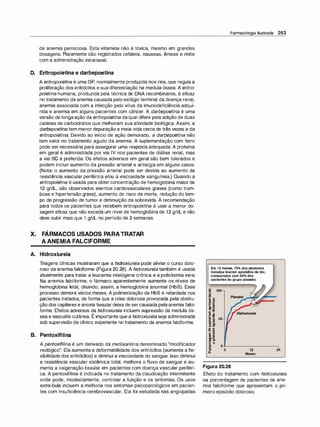 de anemia perniciosa. Esta vitamina não é tóxica, mesmo em grandes
dosagens. Raramente são registrados cefaleia, nauseas, êmese e rinite
com a administração intranasal.
D. Eritropoietina e darbepoetina
A eritropoieti
na é uma GP, normalmente produzida nos rins, que regula a
proliferação dos eritrócitos e sua diferenciação na medula óssea. A eritro­
poietina humana, produzida pela técnica de DNA recombinante, é eficaz
no tratamento da anemia causada pelo estágio terminal da doença renal,
anemia associada com a infecção pelo vírus da imunodeficiência adqui­
rida e anemia em alguns pacientes com câncer. A darbepoetina é uma
versão de longaação da eritropoietina da qual difere pela adição de duas
cadeias de carboidratos que melhoram sua atividade biológica. Assim, a
darbepoeti
na tem menor depuração e meia-vida cerca de três vezes a da
eritropoietina. Devido ao início de ação demorado, a darbepoetina não
tem valor no tratamento agudo da anemia. A suplementação com ferro
pode ser necessária para assegurar uma resposta adequada. A proteína
em geral é administrada por via IV nos pacientes de diálise renal, mas
a via SC é preferida. Os efeitos adversos em geral são bem tolerados e
podem incluir aumento da pressão arterial e artralgia em alguns casos.
(Nota: o aumento da pressão arterial pode ser devida ao aumento da
resistência vascular periférica e/ou à viscosidade sanguínea.) Quando a
eritropoietina é usada para obterconcentração de hemoglobina maior de
12 g/dl, são observados eventos cardiovasculares graves (como trom­
bose e hipertensão grave), aumento do risco de morte, redução do tem­
po de progressão de tumor e diminuição da sobrevida. A recomendação
para todos os pacientes que recebem eritropoietina é usar a menor do­
sagem eficaz que não exceda um nível de hemoglobina de 12 g/dl e não
deve subir mais que 1 g/dl no período de 2 semanas.
,
X. FARMACOS USADOS PARATRATAR
A ANEMIA FALCIFORME
A. Hidroxiureia
Triagens clínicas mostraram que a hidroxiureia pode aliviar o curso dolo­
roso da anemia falciforme (Figura 20.28). A hidroxiureia também é usada
atualmente para tratar a leucemia mielógena crônica e a policitemia vera.
Na anemia falciforme, o fármaco aparentemente aumenta os níveis de
hemoglobina fetal, diluindo, assim, a hemoglobina anormal (HbS). Esse
processo demora vários meses. A polimerização da HbS é retardada nos
pacientes tratados, de forma que a crise dolorosa provocada pela obstru­
ção dos capilares e anoxia tissulardeixa de sercausada pelaanemia falci­
forme. Efeitos adversos da hidroxiureia incluem supressão da medula ós-
,
sea evasculite cutânea. E importante que a hidroxiureia seja administrada
sob supervisão de clínico experiente no tratamento da anemia falciforme.
B. Pentoxifilina
A pentoxifilina é um derivado da metilxantina denominado "modificador
reológico". Ela aumenta a deformabilidade dos eritrócitos (aumenta a fle­
xibilidade dos eritrócitos) e diminui a viscosidade do sangue. Isso diminui
a resistência vascular sistêmica total, melhora o fluxo de sangue e au­
menta a oxigenação tissular em pacientes com doença vascular periféri­
ca. A pentoxifilina é indicada no tratamento da claudicação intermitente
onde pode, modestamente, controlar a função e os sintomas. Os usos
extra-bula incluem a melhoria nos sintomas psicopatológicos em pacien­
tes com insuficiência cerebrovascular. Ela foi estudada nas angiopatias
Farmacologia Ilustrada 263
Em 12 meses,75o/o dos pacientes
tratados tiveram episódios de dor,
comparados com 90%dos
pacientes do grupo placebo.
o 100
"O
e
s
e o
8l cn
QI e
... o
ca. -
m o
cn "O
QI o
.. ·-
C "O 50
QI o()
·- cn
u .-
m ca.
CI. QI
QI e
"O ·
-
E GI
GI .E
CI ._
s CI.
e o
� o
o o 12
11.
Meses
Figura 20.28
24
Efeito do tratamento com hidroxiureia
na porcentagem de pacientes de ane­
mia falciforme que apresentam o pri­
meiro episódio doloroso.
 