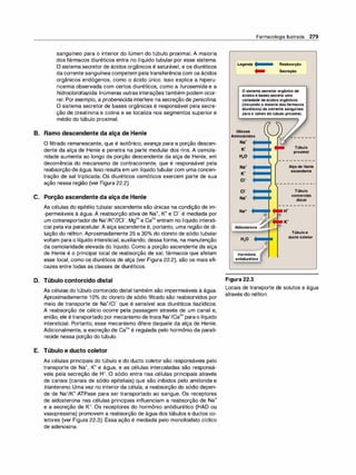 sanguíneo para o interior do lúmen do túbulo proximal. A maioria
dos fármacos diuréticos entra no líquido tubular por esse sistema.
O sistema secretor de ácidos orgânicos é saturável, e os diuréticos
da corrente sanguínea competem pelatransferência com os ácidos
orgânicos endógenos, como o ácido úrico. Isso explica a hiperu­
ricemia observada com certos diuréticos, como a furosemida e a
hidroclorotiazida. Inúmeras outras interações também podem ocor­
rer. Por exemplo, a probenecida interfere na secreção de penicilina.
O sistema secretor de bases orgânicas é responsável pela secre­
ção de creatinina e colina e se localiza nos segmentos superior e
médio do túbulo proximal.
B. Ramo descendente da alça de Henle
O filtrado remanescente, que é isotônico, avança para a porção descen­
dente da alça de Henle e penetra na parte medular dos rins. A osmola­
ridade aumenta ao longo da porção descendente da alça de Henle, em
decorrência do mecanismo de contracorrente, que é responsável pela
reabsorção de água. Isso resulta em um líquido tubular com uma concen­
tração de sal triplicada. Os diuréticos osmóticos exercem parte de sua
ação nessa região (ver Figura 22.2).
C. Porção ascendente da alça de Henle
As células do epitélio tubular ascendente são únicas na condição de im­
-permeáveis à água. A reabsorção ativa de Na+, K+ e c1- é mediada por
um cotransportadorde Na+/K+12c1-. Mg
2
+e Ca
2
+ entram no líquido intersti­
cial pelavia paracelular.A alça ascendente é, portanto, uma região de di­
luição do néfron. Aproximadamente 25 a 30°
/
o do cloreto de sódio tubular
voltam para o líquido intersticial, auxiliando, dessaforma, na manutenção
da osmolaridade elevada do líquido. Como a porção ascendente da alça
de Henle é o principal local de reabsorção de sal, fármacos que afetam
esse local, como os diuréticos de alça (ver Figura 22.2), são os mais efi­
cazes entre todas as classes de diuréticos.
D. Túbulo contorcido distal
As células do túbulo contorcido distal também são impermeáveis à água.
Aproximadamente 10°
/
o do cloreto de sódio filtrado são reabsorvidos por
meio de transporte de Na+/CI- que é sensível aos diuréticos tiazídicos.
A reabsorção de cálcio ocorre pela passagem através de um canal e,
então, ele étransportado por mecanismo detroca Na+/Ca
2
+ parao líquido
intersticial. Portanto, esse mecanismo difere daquele da alça de Henle.
Adicionalmente, a excreção de Ca
2
+ é regulada pelo hormônio da parati­
reoide nessa porção do túbulo.
E. Túbulo e dueto coletor
As células principais do túbulo e do dueto coletor são responsáveis pelo
transporte de Na+, K+ e água, e as células intercaladas são responsá­
veis pela secreção de H+. O sódio entra nas células principais através
de canais (canais de sódio epiteliais) que são inibidos pelo amilorida e
triantereno. Uma vez no interior da célula, a reabsorção do sódio depen­
de de Na+/K+-ATPase para ser transportado ao sangue. Os receptores
de aldosterona nas células principais influenciam a reabsorção de Na+
e a secreção de K+. Os receptores do hormônio antidiurético (HAD ou
vasopressina) promovem a reabsorção de água dos túbulos e duetos co­
letores (ver Figura 22.3). Essa ação é mediada pelo monofosfato cíclico
de adenosina.
Farmacologia Ilustrada 279
Legenda....._ Reabsorção
._ Secreção
Osistemasecretororgânicode
ácidosebasessecretauma
variedadedeácidosorgânicos
(incluindoamaioriadosfármacos
diuréticos)dacorrentesanguínea
paraolúmendotúbuloproximal.
Glicose
Aminoácidos
cr
Na+
Aldosterona
Hormônio
antidiurético
Figura 22.3
Túbulo
proximal
AlçadeHenle
ascendente
Túbulo
contorcido
distal
Túbuloe
duetocoletor
Locais de transporte de solutos e água
através do néfron.
 
