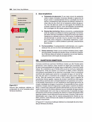 288 Clark, Finkel, Rey & Whalen
LEGENDA
Diuréticostiazídicos
Diuréticosdealça
Diuréticospoupadoresde K•
Acetazolamida
ExcreçãodeNa•
ExcreçãodeK•
ExcreçãodeCa2•
Volumedeurina
J
Figura 22.11
Resumo das mudanças relativas na
composição da urina causadas pelos
fármacos diuréticos.
2. Usos terapêuticos
a. Tratamento do glaucoma. O uso mais comum da acetazola­
mida é reduzir a pressão intraocular elevada no glaucoma de
ângulo amplo. A acetazolamida diminui a produção de humor
aquoso, provavelmente pelo bloqueio da anidrase carbônica no
corpo ciliar do olho. Ela é útil no tratamento crônico de glauco­
ma, mas não deve ser usada na crise aguda. Os inibidores da
anidrase carbônica tópicos, como dorzolamida e brinzolamida,
têm a vantagem de não causar qualquer efeito sistêmico.
b. Doença das montanhas. Menos comumente, a acetazolamida
pode ser usada na profilaxia da doença aguda das montanhas,
que afeta indivíduos saudáveis e fisicamente ativos que sobem
rapidamente a altitudes acima de 3.000 metros. A acetazolami­
da administrada no período noturno, durante cinco dias antes
da subida, evita a fraqueza, a dificuldade respiratória, a verti­
gem, a náusea e o edema cerebral e pulmonar, característicos
da síndrome.
3. Farmacocinética. A acetazolamida é administrada uma a quatro
vezes por dia, por via oral. Ela é secretada pelo túbulo proximal.
4. Efeitos adversos. Podem ocorreracidose metabólica (leve), deple­
ção de potássio, formação de cálculos renais, sonolência e pareste­
sia. O fármaco deve ser evitado em pacientes com cirrose hepática,
pois pode levar à diminuição da excreção de NH4+.
VIII. DIURÉTICOS OSMÓTICOS
Inúmeras substâncias químicas hidrofílicas simples que são filtradas pelos
glomérulos, como manitol e ureia, resultam em algum grau de diurese. Isso
se deve à sua propriedade de carregar águaconsigo para o interiordo líquido
tubular. Se a substância que é filtrada sofre pouca ou nenhuma reabsorção
subsequente, então ela causará um aumento no débito urinário. Somente
uma pequena quantidade de sal adicional é excretada. Como os diuréticos
osmóticos são usados para aumentar a excreção de água, em vez de Na+,
eles não são úteis no tratamento de condições nas quais ocorre retenção
de Na+. Eles são usados para manter o fluxo urinário, após a ingestão de
substâncias tóxicas agudas, capazes de produzir insuficiência renal aguda.
Os diuréticos osmóticos são o principal tratamento em pacientes com aumen­
to de pressão intracraniana ou com insuficiência renal aguda decorrente de
choque, toxicidade pordrogas e traumatismo. A manutenção do fluxo urinário
preserva a função renal em longo prazo e pode salvar o paciente da diálise.
(Nota: o manitolnão é absorvido quando administrado porvia oral e deve ser
usado só porvia IV.) Os efeitos adversos incluem expansão da água extrace­
lular e desidratação, bem como hipo ou hipernatremia. A expansão da água
extracelularocorre porque a presença de manitolno líquido extracelular retira
água das células e causa hiponatremia até acontecer a diurese. Pode ocorrer
desidratação caso a água não for reposta adequadamente. Devido ao seu
efeito osmótico, esses fármacos são usados em pacientes com aumento da
pressão intracraniana.
A Figura 22.1 1 resume as mudanças relativas na composição da urina induzi­
das porfármacos diuréticos.
 