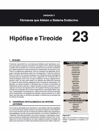 •
1
1. RESUMO
• •
1 reo 1
O sistema neuroendócrino, controlado pela hipófise e pelo hipotálamo, coor­
dena as funções corporais transmitindo mensagens entre células individuais
e tecidos. Isso contrasta com o sistema nervoso que se comunica localmente
por impulsos elétricos e neurotransmissores direcionados de neurônio a neu­
rônio ou a órgãos-alvo específicos, como os músculos e as glândulas. Os im­
pulsos nervosos geralmente atuam em milissegundos. O sistema endócrino
libera hormônios na corrente sanguínea, que transporta esses mensageiros
químicos para as células-alvo por todo o organismo. Os hormônios têm um
tempo de resposta muito maior do que os impulsos nervosos, exigindo de se­
gundos a dias, ou mais, para causar uma resposta que pode durar semanas
ou meses. Os dois sistemas regulatórios são intimamente relacionados. Por
exemplo, em várias situações, a liberação dos hormônios é estimulada ou
inibida pelo sistema nervoso, e alguns hormônios podem estimular ou inibir
impulsos nervosos. Os Capítulos 24 a 26 focalizam fármacos que afetam a
síntese e/ou a secreção de hormônios específicos e suas ações. Neste capí­
tulo, é apresentado resumidamente o papel central dos hormônios hipotalâ­
micos e hipofisários na regulação das funções corporais (Figura 23.1). Além
disso, são discutidos os fármacos que afetam a síntese e/ou a secreção dos
hormônios da tireoide.
li. HORMÔNIOS HIPOTALÂMICOS E DA HIPÓFISE
ANTERIOR
Os hormônios secretados pelo hipotálamo e pela hipófise são todos peptídeos
ou proteínas de baixa massa molecular que atuam se ligando a locais específi­
cos nos seustecidos-alvo.Os hormônios da hipófise anteriorsão regulados por
neuropeptídeos que são denominados fatores ou hormônios "liberadores" ou
"inibidores". Eles são produzidos nos corpos celulares no hipotálamo e alcan­
çam as células da hipófise pelo sistema portal hipofisário (Figura 23.2). A inte­
ração dos hormônios liberadores com seus receptores resulta na ativação dos
genes que promovem a síntese das proteínas precursoras. Então, esses pre-
HORMÔNIOSHIPOTALÃMICOSE
DAHIPÓFISEANTERIOR
Gonadotropina coriônica humana
Corticotropina
Cosintropina
Folitropina alfa
Folitropina beta
Gonadorrelina
Goserrelina
Hi
strelina
Leupro/ida
Menotropinas
Nafarrelina
Octreotida
Pegvisomanto
Somatropina
Urofolitropina
HORMÔNIOSDAHIPÓFISEPOSTERIOR
Desmopressina
Ocitocina
Vasopressina (ADH)
FÁRMACOSQUEAFETAMATIREOIDE
lodo e iodeto depotássio
Liotironina
Levotiroxina
Metimazol
Propiltiouracil(PTU)
Liotrix
Figura 23.1
Alguns dos hormônios e fármacos que
afetam o hipotálamo, a hipófise e a ti­
reoide.
 