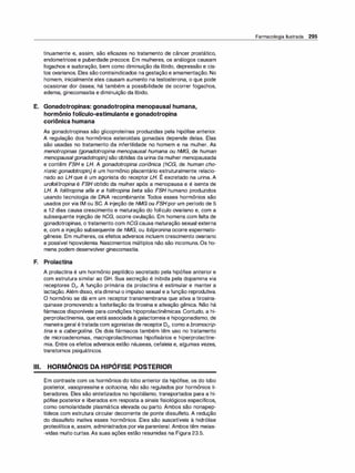 tinuamente e, assim, são eficazes no tratamento de câncer prostático,
endometriose e puberdade precoce. Em mulheres, os análogos causam
fogachos e sudoração, bem como diminuição da libido, depressão e cis­
tos ovarianos. Eles são contraindicados na gestação e amamentação. No
homem, inicialmente eles causam aumento na testosterona, o que pode
ocasionar dor óssea; há também a possibilidade de ocorrer fogachos,
edema, ginecomastia e diminuição da libido.
E. Gonadotropinas: gonadotropina menopausa! humana,
hormônio folículo-estimulante e gonadotropina
coriônica humana
As gonadotropinas são glicoproteínas produzidas pela hipófise anterior.
A regulação dos hormônios esteroidais gonadais depende delas. Elas
são usadas no tratamento da infertilidade no homem e na mulher. As
menotropinas (gonadotropina menopausa/ humana ou hMG, de human
menopausa/gonadotropin) são obtidas da urina da mulher menopausada
e contêm FSH e LH. A gonadotropina coriônica (hCG, de human cho­
rionic gonadotropin) é um hormônio placentário estruturalmente relacio-
,
nado ao LH que é um agonista do receptor LH. E excretado na urina. A
urofolitropina é FSH obtido da mulher após a menopausa e é isenta de
LH. A folitropina alfa e a folitropina beta são FSH humano produzidos
usando tecnologia de DNA recombinante. Todos esses hormônios são
usados por via IM ou SC. A injeção de hMG ou FSH por um período de 5
a 12 dias causa crescimento e maturação do folículo ovariano e, com a
subsequente injeção de hCG, ocorre ovulação. Em homens com falta de
gonadotropinas, o tratamento com hCG causa maturação sexual externa
e, com a injeção subsequente de hMG, ou foli
pronina ocorre espermato­
gênese. Em mulheres, os efeitos adversos incluem crescimento ovariano
e possível hipovolemia. Nascimentos múltiplos não são incomuns.Os ho­
mens podem desenvolver ginecomastia.
F. Prolactina
A prolactina é um hormônio peptídico secretado pela hipófise anterior e
com estrutura similar ao GH. Sua secreção é inibida pela dopamina via
receptores 02• A função primária da prolactina é estimular e manter a
lactação. Além disso, eladiminui o impulso sexual e a função reprodutiva.
O hormônio se dá em um receptor transmembrana que ativa a tirosina­
quinase promovendo a fosforilação da tirosina e ativação gênica. Não há
fármacos disponíveis para condições hipoprolactinêmicas. Contudo, a hi­
perprolactinemia, que estáassociada à galactorreia e hipogonadismo, de
maneirageral étratada com agonistas de receptor D2, como a bromocrip­
tina e a cabergolina. Os dois fármacos também têm uso no tratamento
de microadenomas, macroprolactinomas hipofisários e hiperprolactine­
mia. Entre os efeitos adversos estão náuseas, cefaleia e, algumas vezes,
transtornos psiquátricos.
Ili. HORMÔNIOS DA HIPÓFISE POSTERIOR
Em contraste com os hormônios do lobo anterior da hipófise, os do lobo
posterior, vasopressina e ocitocina, não são regulados por hormônios li­
beradores. Eles são sintetizados no hipotálamo, transportados para a hi­
pófise posterior e liberados em resposta a sinais fisiológicos específicos,
como osmolaridade plasmática elevada ou parto. Ambos são nonapep­
tídeos com estrutura circular decorrente de ponte dissulfeto. A redução
do dissulfeto inativa esses hormônios. Eles são suscetíveis à hidrólise
proteolítica e, assim, administrados porvia parenteral. Ambos têm meias­
-vidas muito curtas. As suas ações estão resumidas na Figura 23.5.
Farmacologia Ilustrada 295
 