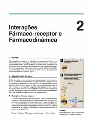 oes
,
ar aco-rece or e
• ..A. •
aco 1 na 1ca
1. RESUMO
A farmacodinâmica descreve as ações dos fármacos no organismo e as in­
fluências das suas concentrações na magnitude das respostas.A maioria dos
fármacos exerce seus efeitos, desejados ou indesejados, interagindo com
receptores (isto é, macromoléculas-alvo especializadas) presentes na super­
fície ou dentro da célula. O complexo fármaco-receptor (FR) inicia alterações
na atividade bioquímica e/ou molecular da célula por meio de um processo
denominado transdução de sinal (Figura 2.1).
-
li. TRANSDUÇAO DE SINAL
Os fármacos atuam como sinais, e seus receptores atuam como detectores
de sinais.Vários receptores sinalizam o reconhecimento de um ligante inician­
do uma série de reações que no final resultam em uma resposta intracelular
específica. (Nota: o termo "ligante" se refere a uma molécula pequena que se
fixa a um local em uma proteína receptora. O ligante pode ser uma molécula
de ocorrência natural ou um fármaco.) Moléculas "segundas mensageiras"
(também denominadas moléculas efetoras) são parte da cascata de eventos
que traduz a ligação da substância em uma resposta celular.
A. O complexo fármaco-receptor
As células têm diferentes tipos de receptores, cada qual específico para
um ligante particular e produzindo uma resposta única. O coração, por
exemplo, tem receptores de membrana que ligam e respondem à epinefri­
na ou norepinefrina, bem como receptores muscarínicos específicos para
acetilcolina. Esses receptores interagem de modo dinâmico para controlar
funções vitais do coração. A intensidade da resposta é proporcional ao
número de complexos FR:
Fármaco + Receptor P Complexo fármaco-receptor� Efeito biológico
O
Osreceptoresnãoocupadosnão
influenciamosprocessos
intracelulares.
''..,
:. ..
. :, . .
V
Osreceptoresocupadosalteram
aspropriedadesfísicase
químicasquelevamàinteração
commoléculascelulares,
causandorespostabiológica.
�-:;::::::::.�F�maco
:. ..
. : , . .
Figura 2.1
Transdução
desinal
Resposta
biológica
O reconhecimento de um fármaco pelo
receptor inicia a resposta biológica.
 