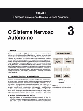 ervoso
1. RESUMO
O sistema nervoso autônomo (SNA), junto com o sistema endócrino, coordena
a regulação e a integração das funções corporais. O sistema endócrino envia
sinais aos tecidos-alvo, variando os níveis de hormônios na corrente sanguínea.
O sistema nervoso exerce sua influência pela rápida transmissão de impulsos
elétricos nas fibras nervosas que terminam nas células efetoras, as quais res­
pondem especificamente à liberação de substâncias neurotransmissoras. Fár­
macos que produzem seu efeito terapêutico primário, mimetizando ou alterando
as funções do SNA, são denominados fármacos autonômicos e são discutidos
nos próximos quatrocapítulos. Esses fármacos autonômicosatuam estimulando
porçõesdo SNAou bloqueandoasações dos nervosautonômicos. Este capítulo
resume a fisiologia fundamental do SNA e descreve o papel dos neurotransmis­
sores na comunicação entre eventos extracelulares e alterações químicas no
interiorda célula.
Sistema nervoso
-
li. INTRODUÇAO AO SISTEMA NERVOSO
Sistema
nervoso
periférico
Divisão
eferente
Sistema
autonômo
-Entérico
Sistema
nervoso
central
Divisão
aferente
Sistema
somático
O sistema nervoso está dividido em duas seções anatômicas: o sistema nervo­
so central (SNC), que compreende o cérebro e a medula espinal, e o sistema -Parassimpático
. , .
-
nervoso periférico, que inclui os neurônios localizados fora do cérebro e da me- Simpatico
dula espinal - ou seja, qualquer nervo que entra ou sai do SNC (Figura 3.1). O
sistema nervoso periférico se subdivide em: eferente, os neurônios que trans- Figura 3·1
portam os sinais oriundos do cérebro e da medula espinal; e em aferente, os Organização do sistema nervoso.
neurônios que trazem as informações da periferia ao SNC. Os neurônios afe-
rentes trazem os impulsos sensoriais para modulara função da divisão eferen-
te por meio de arcos reflexos ou vias neurais que intermedeiam a ação reflexa.
A. Divisão funcional do sistema nervoso
A porção eferente do sistema nervoso periférico é dividida em dois sis­
temas funcionais principais: o sistema somático e o sistema autônomo
(ver Figura 3.1). Os neurônios eferentes somáticos estão envolvidos no
 