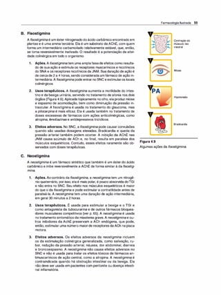 B. Fisostigmina
A fisostigmina é um éster nitrogenado do ácido carbâmico encontrado em
plantas e é uma amina terciária. Ela é um substrato da AChE, com quem
forma um intermediário carbamoilado relativamente estável, que, então,
se torna reversivelmente inativado. O resultado é a potenciação da ativi­
dade colinérgica em todo o organismo.
1 . Ações. A fisostigmina tem uma amplafaixade efeitos como resulta­
do de sua ação e estimula os receptores muscarínicos e nicotínicos
do SNA e os receptores nicotínicos da JNM. Sua duração de ação é
de cercade 2 a 4 horas, sendo considerada um fármaco de ação in­
termediária. A fisostigmina pode entrar no SNC e estimularos locais
colinérgicos.
2. Usos terapêuticos. A fisostigmina aumenta a motilidade do intes­
tino e da bexiga urinária, servindo no tratamento de atonia nos dois
órgãos (Figura 4.9).Aplicadatopicamente no olho, ela produz miose
e espasmo de acomodação, bem como diminuição da pressão in­
traocular. A fisostigmina é usada no tratamento do glaucoma, mas
a pilocarpina é mais eficaz. Ela é usada também no tratamento de
doses excessivas de fármacos com ações anticolinérgicas, como
atropina, fenotiazinas e antidepressivos tricíclicos.
3. Efeitos adversos. No SNC, a fisostigmina pode causar convulsões
quando são usadas dosagens elevadas. Bradicardia e queda da
pressão arterial também podem ocorrer. A inibição da AChE nas
JNM causa acúmulo de ACh e, no final, resulta em paralisia dos
músculos esqueléticos. Contudo, esses efeitos raramente são ob- Figura 4.9
Farmacologia Ilustrada 55
lk' Contração do
� músculo liso
' visceral
Miose
Hipotensão
Bradicardia
servados com doses terapêuticas. Algumas ações da fisostigmina.
C. Neostigmina
A neostigmina é um fármaco sintético que também é um éster do ácido
carbâmico e inibe reversivelmente a AChE de forma similar à da fisostig-
•
mina.
1 . Ações. Ao contrário da fisostigmina, a neostigmina tem um nitrogê­
nio quaternário, por isso, elaé mais polar, é pouco absorvida doTG1
e não entra no SNC. Seu efeito nos músculos esqueléticos é maior
do que o da fisostigmina e pode estimular a contratilidade antes de
paralisá-la. A neostigmina tem uma duração de ação intermediária,
em geral 30 minutos a 2 horas.
2. Usos terapêuticos. É usada para estimular a bexiga e o TGI e
como antagonista da tubocurarina e de outros fármacos bloquea­
dores musculares competitivos (ver p. 65). A neostigmina é usada
no tratamento sintomático da miastenia grave. A neostigmina e ou­
tros inibidores da AchE preservam a ACh endógena, que pode,
então, estimular uma número maiorde receptores da ACh na placa
motora.
3. Efeitos adversos. Os efeitos adversos da neostigmina incluem
os da estimulação colinérgica generalizada, como salivação, ru­
bor, redução da pressão arterial, náusea, dor abdominal, diarreia
e broncoespasmo. A neostigmina não causa efeitos adversos no
SNC e não é usada para tratar os efeitos tóxicos de fármacos an­
timuscarínicos de ação central, como a atropina. A neostigmina é
contraindicada quando há obstrução intestinal ou da bexiga. Ela
não deve ser usada em pacientes com peritonite ou doença intesti­
nal inflamatória.
 