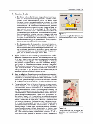 1 . Mecanismo de ação
a. Em doses baixas. Os fármacos bloqueadores neuromuscu­
lares não despolarizantes interagem com o receptor nicotíni­
co para impedir a ligação da ACh (Figura 5.9). Assim, esses
fármacos impedem a despolarização da membrana da célula
musculare inibem a contração muscular. Como esses fármacos
competem com a ACh no receptor sem estimulá-lo, eles são
denominados bloqueadores competitivos. Sua ação pode ser
superada pelo aumento da concentração de ACh na fenda si­
náptica - por exemplo, com a administração de inibidores de
colinesterase, como neostigmina, piridostigmina ou edrofônio.
Os anestesiologistas em geral empregam essa estratégia para
diminuir a duração do bloqueio neuromuscular. Além disso, em
dosagens baixas, os músculos respondem em graus variados à
estimulação elétrica direta de um estimulador periférico, depen­
dendo da extensão do bloqueio neuromuscular.
b. Em doses elevadas. Os bloqueadores não despolarizantes po­
dem bloquear o canal iônico na placa motora. Isso leva a um
enfraquecimento adicional na transmissão neuromuscular e re­
duza habilidade dos inibidores de AChE em revertera ação dos
relaxantes musculares não despolarizantes. No bloqueio com­
pleto, não se observa estimulação elétrica direta.
2. Ações. Nem todos os músculos são igualmente sensíveis aos blo­
queadores competitivos. Os músculos pequenos de contração rápi­
dadaface e dos olhos são mais suscetíveis a esses fármacos e são
paralisados primeiro, seguidos pelos dedos. Depois, os músculos
dos membros, do pescoço e do tronco são paralisados. A seguir,
são atingidos os músculos intercostais e finalmente o diafragma.
Os músculos se recuperam na ordem inversa, primeiro o diafragma
e por último os músculos da face e dos olhos. Os fármacos que
liberam histamina (p. ex., atracúrio) podem produzir redução da
pressão arterial, vermelhidão e broncoconstrição.
3. Usos terapêuticos. Esses bloqueadores são usados terapeutica­
mente como fármacos adjuvantes da anestesia durante a cirurgia
para relaxar os músculos esqueléticos. Eles também são usados
para facilitar a entubação, bem como durante cirurgias ortopédicas
(p. ex., para alinhamento de fraturas e correção de deslocamentos).
4. Farmacocinética. Todos os fármacos bloqueadores neuromuscula­
res são injetados IV, pois sua absorção após administração via oral
é mínima. Esses fármacos possuem duas ou mais aminas quater­
nárias na sua volumosa estrutura, tornando-os ineficazes por via
oral. Eles penetram pouco nas membranas, não entram nas células
e nem atravessam a barreira hematoencefálica. Vários desses fár­
macos não são biotransformados e suas ações terminam por re­
distribuição (Figura 5.1O). Por exemplo, o pancurônio é excretado
inalterado na urina. O atracúrio é degradado espontaneamente no
plasma e por hidrólise de éster. (Nota: o atracúri
o é substituído pelo
seu isômero, cisatracúrio. Ele libera histamina e é biotransforma­
do na laudanosina, que pode provocar convulsões. O ci
satracúrio,
que tem as mesmas propriedades farmacocinéticas do atracúrio, é
menos propenso a causar esses efeitos.) Os fármacos aminoeste­
roides (vecurônio e rocurônio) são desacetilados no fígado, e suas
depurações são mais demoradas em pacientes com doença hepá­
tica. Esses fármacos também são excretados inalterados na bile. A
escolha do fármaco depende da urgência em obter o relaxamento
Farmacologia Ilustrada 65
Tubocurarina
.
..
. .
. .
• •
. .
Acetilcolina
: :
,·�
�"-.
"···········'
.
·:·
Na+
�·-
..
.
.
..
.....
.
.
...
íílm��?f
�
ô:X'L..
-
-
.....J....LJ�
Receptornicotínicona
junçãoneuromuscular
Figura 5.9
Mecanismo de ação dos fármacos blo­
queadores neuromusculares competi­
tivos.
Os fármacos não
entram facilmente
nas células
rocurônioe li
metabólito
s
aparecem (
principa;e7e
na bile 'Z!JW
A maioria dos 
fármacos é excre
tada
primariamente  (
inalterada na urina
Fármacos bloqueadores
neuromusculares
Figura 5.10
Farmacocinética dos fármacos blo­
queadores neuromusculares. IV = intra­
venoso.
 