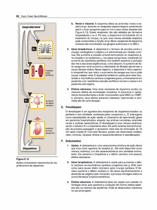 80 Clark, Finkel, Rey &Whalen
lsoproterenol
'
IJ
'
Broncodilatação
..
1
•
,,
Dopaminérgico
Dopamina
Figura 6.13
Vasodila­
tação
periférica
Aumento
do débito
cardíaco
Aumento
do fluxo
sanguíneo
Ações clinicamente importantes do iso­
proterenole da dopamina.
b. Renal e visceral. A dopamina dilata as arteríolas renais e es­
plâncnicas, ativando os receptores dopaminérgicos aumentando
assim o fluxo sanguíneo para os rins e para outras vísceras (ver
Figura 6.13). Esses receptores não são afetados por fármacos
bloqueadores a ou [3. Por isso, a dopamina é clinicamente útil no
tratamento do choque, no qual uma intensa atividade simpática
pode comprometera função renal. (Nota: receptores de dopamina
similares são encontrados nos gânglios autônomos e no SNC.)
2. Usos terapêuticos. A dopamina é o fármaco de escolha contra o
choque cardiogênico e séptico e é administrada por infusão contí­
nua. Ela aumenta a pressão arterial estimulando os receptores [31
no coração e os receptores a1 nos vasos sanguíneos, resultando no
aumento da resistência periférica. Ela também aumenta a perfusão
dos rins e das áreas esplâncnicas, como descrito. O aumento do flu­
xo sanguíneo renal aumenta a velocidade de filtração glomerular e
causa diurese sódica. Nesse aspecto, a dopamina é muito superior
à norepinefrina, que reduz o suprimento de sangue aos rins e pode
causarcolapso renal. A dopamina também é usada paratratar hipo­
tensão e insuficiência cardíaca congestivagrave, primariamente em
pacientes com resistência vascular periférica normal ou baixa e em
pacientes sob oligúria.
3. Efeitos adversos. Uma dose excessiva de dopamina produz os
mesmos efeitos da estimulação simpática. A dopamina é rapida­
mente biotransformada a ácido homovanílico pela MAO ou COMT,
e, portanto, seus efeitos adversos (náuseas, hipertensão e arrit­
mias) são de curta duração.
E. Fenoldopam
O feno/dopam é um agonista dos receptores de dopamina situados na
,
periferia e tem afinidade moderada pelos receptores a2• E empregado
como vasodilatador de ação rápida no tratamento da hipertensão grave
em pacientes hospitalizados, atuando nas artérias coronárias, arteríolas
renais e artérias mesentéricas. O feno/dopam é uma mistura racêmica,
sendo o isômero R o componente ativo. Ele sofre extensa biotransforma­
ção de primeira passagem e apresenta meia-vida de eliminação de 1 O
min após infusão IV. Com este fármaco, podem ser observados cefaleia,
rubor, tonturas, náuseas, êmese e taquicardia (devido à vasodilatação).
F. Dobutamina
1 . Ações. A dobutamina é uma catecolamina sintética de ação direta
que atua como agonista de receptor [31 • Ela está disponível como
mistura racêmica. Um dos estereoisômeros tem atividade estimu­
lante. Ela aumenta a frequência e o débito cardíaco com poucos
efeitos vasculares.
2. Usos terapêuticos. A dobutamina é usada para aumentar o débi­
to cardíaco na insuficiência cardíaca congestiva (ver p. 204), bem
como para causar efeito inotrópico após cirurgia cardíaca. O fár­
maco aumenta o débito cardíaco e não eleva significativamente a
demanda de oxigênio pelo miocárdio, a principal vantagem sobre os
outros fármacos simpaticomiméticos.
3. Efeitos adversos. A dobutamina deve ser usada com cautela na
fibrilação atrial, pois aumenta a condução AV. Outros efeitos adver­
sos são os mesmos da epinefrina. Pode-se desenvolver tolerância
no uso prolongado.
 