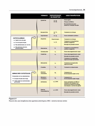 CATECOLAMINAS
• Rápido início de ação.
• Curta duração de ação.
• Não administradas por via oral.
• Não penetram a barreira
hematencefálica.
AMINAS NÃO CATECÓLICAS
Comparadas com as catecolaminas:
• Duração de ação mais longa.
• Todas podem ser administradas
por via oral.
Figura 6.17
Epinefrina
Norepinefrina
/soproterenol
Dopamina
Dobutamina
Oximetazoli
na
Fenilefrina
Metoxamina
Clonidi
na
Albuterol
Terbutalina
Salmeterol
Formoterol
Anfetamina
Efedrina
Pseudoefedrina
ª1• ª2
P1
P1. P2
Dopaminérgico
ª1• P1
P1
a, p, SNC
a, p, SNC
Farmacologia Ilustrada 85
Asma aguda
Choque anafilático
Na anestesia local para
aumentar a duração da ação
Tratamento do choque
Como estimulante cardíaco
Tratamento do choque
Tratamento da insuficiência
cardíaca congestiva
Elevação da pressão arterial
Tratamento da insuficiência
cardíaca congestiva
Como descongestionante nasal
Como descongestionante nasal
Elevação da pressão arterial
Tratamento da taquicardia
supraventricular paroxística
Tratamento da taquicardia
supraventricular
Tratamento da hipertensão
Tratamento do
broncoespasmo (ação curta)
Tratamento do
broncoespasmo (ação longa)
Como estimulante do SNC no
tratamento de crianças com
síndrome de déficit de atenção,
narcolepsia e controle de apetite
Como descongestionante nasal
Elevação da pressão arterial
Resumo dos usos terapêuticos dos agonistas adrenérgicos. SNC = sistema nervoso central.
 