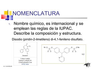 Q.F. ELSA BÉJAR
NOMENCLATURA
1. Nombre químico, es internacional y se
emplean las reglas de la IUPAC.
Describe la composición y estructura.
Disodio (piridin-2-ilmetileno) di-4,1-fenileno disulfato.
 