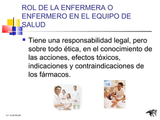 ROL DE LA ENFERMERA O
ENFERMERO EN EL EQUIPO DE
SALUD
 Tiene una responsabilidad legal, pero
sobre todo ética, en el conocimiento de
las acciones, efectos tóxicos,
indicaciones y contraindicaciones de
los fármacos.
Q.F. ELSA BÉJAR
 