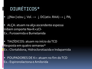 DIURÉTICOS*
 ↓[Na+] e/ou ↓ Vol. → ↓ DC(ativ. RAA) → ↓ PA;

 ALÇA: atuam na alça ascendente espessa
Inibem simporte Na+K+2Cl-
Ex.: Furosemida e Bumetanida

 TIAZÍDICOS: atuam no início do TCD
Resposta em quatro semanas*
Ex.: Clortalidona, Hidroclorotiazida e Indapamida

 POUPADORES DE K+: atuam no fim do TCD
Ex.: Espironolactona e Amilorida
 