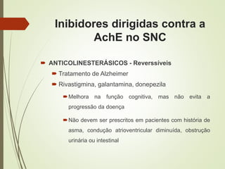 Inibidores dirigidas contra a
AchE no SNC
 ANTICOLINESTERÁSICOS - Reverssíveis
 Tratamento de Alzheimer
 Rivastigmina, galantamina, donepezila
Melhora na função cognitiva, mas não evita a
progressão da doença
Não devem ser prescritos em pacientes com história de
asma, condução atrioventricular diminuída, obstrução
urinária ou intestinal
 