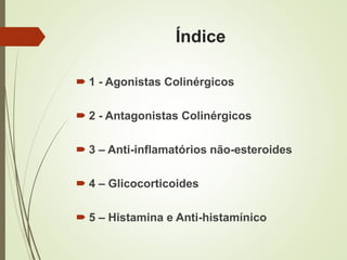Índice
 1 - Agonistas Colinérgicos
 2 - Antagonistas Colinérgicos
 3 – Anti-inflamatórios não-esteroides
 4 – Glicocorticoides
 5 – Histamina e Anti-histamínico
 
