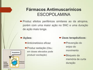 Fármacos Antimuscarínicos
ESCOPOLAMINA
 Produz efeitos periféricos similares ao da atropina,
porém com uma maior ação no SNC e uma duração
de ação mais longa.
 Ações:
Anticinetósico eficaz
Produz sedação (Obs.:
em doses elevados pode
produzir excitação)
 Usos terapêuticos:
Prevenção do
enjoo do
movimento
Bloqueio da
memória de curta
duração
 