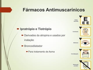  Ipratrópio e Tiotrópio
 Derivados da atropina e usados por
inalação
 Broncodilatador
Para tratamento de Asma
Fármacos Antimuscarínicos
 