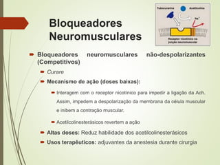 Bloqueadores
Neuromusculares
 Bloqueadores neuromusculares não-despolarizantes
(Competitivos)
 Curare
 Mecanismo de ação (doses baixas):
 Interagem com o receptor nicotínico para impedir a ligação da Ach.
Assim, impedem a despolarização da membrana da célula muscular
e inibem a contração muscular.
 Acetilcolinesterásicos revertem a ação
 Altas doses: Reduz habilidade dos acetilcolinesterásicos
 Usos terapêuticos: adjuvantes da anestesia durante cirurgia
 