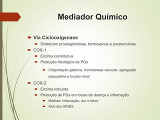 Mediador Químico
 Via Ciclooxigenase
 Sintetizam prostaglandinas, tomboxanos e prostaciclinas
 COX-1
 Enzima constitutiva
 Produção fisiológica de PGs
 Citoproteção gástrica, homeostase vascular, agregação
plaquetária e função renal
 COX-2
 Enzima induzida
 Produção de PGs em locais de doença e inflamação
 Mediam inflamação, dor e febre
 Alvo dos AINES
 
