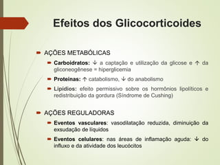 Efeitos dos Glicocorticoides
 AÇÕES METABÓLICAS
 Carboidratos:  a captação e utilização da glicose e  da
gliconeogênese = hiperglicemia
 Proteínas:  catabolismo,  do anabolismo
 Lipídios: efeito permissivo sobre os hormônios lipolíticos e
redistribuição da gordura (Síndrome de Cushing)
 AÇÕES REGULADORAS
 Eventos vasculares: vasodilatação reduzida, diminuição da
exsudação de líquidos
 Eventos celulares: nas áreas de inflamação aguda:  do
influxo e da atividade dos leucócitos
 
