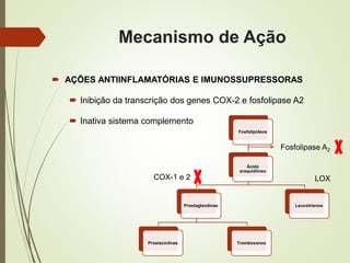 Mecanismo de Ação
 AÇÕES ANTIINFLAMATÓRIAS E IMUNOSSUPRESSORAS
 Inibição da transcrição dos genes COX-2 e fosfolipase A2
 Inativa sistema complemento
Fosfolipídeos
Ácido
araquidôneo
Prostaglandinas
Prostaciclinas Tromboxanos
Leucotrienos
Fosfolipase A2
LOXCOX-1 e 2
 