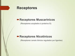 Receptores
Receptores Muscarínicos
(Receptores acoplados à proteína G)
Receptores Nicotínicos
(Receptores canais iônicos regulados por ligantes)
 
