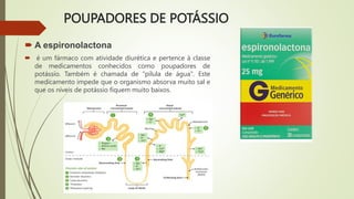 POUPADORES DE POTÁSSIO
 A espironolactona
 é um fármaco com atividade diurética e pertence à classe
de medicamentos conhecidos como poupadores de
potássio. Também é chamada de "pílula de água". Este
medicamento impede que o organismo absorva muito sal e
que os níveis de potássio fiquem muito baixos.
 