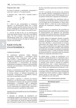 142     Farmacopeia Brasileira, 5ª edição


    Proporção sinal : ruído                                       das fases estacionárias quirais para resolução de fármacos
                                                                  racêmicos.
    Os limites de detecção e quantificação correspondem à
    razão sinal : ruído de 3 e 10, respectivamente.               A CLAE é considerada uma das técnicas mais eficientes
                                                                  para separação, detecção e quantificação de fármacos. O
    A proporção sinal : ruído (S/N) é calculada usando a          uso de fase estacionária quiral (FEQ) adequada torna-se
    expressão:                                                    um poderoso método para a separação dos enantiômeros.

                                                                  A resolução cromatográfica dos enantiômeros pode ser
    onde:                                                         alcançada por vários métodos, todavia, é sempre necessário
                                                                  o uso de algum tipo de discriminador ou seletor quiral.
    H = altura do pico correspondente ao componente               O método indireto e o direto são os dois caminhos para
    específico, no eletroferograma obtido com a solução           separação dos enantiômeros utilizando cromatografia a
    referência, medida a partir do máximo do pico até a linha     líquido.
    de base extrapolada do sinal observado ao longo de uma
    distância igual a 20 vezes a largura a meia altura do pico;   No método indireto, os enantiômeros são convertidos em
                                                                  diastereoisômeros pela reação com uma substância quiral.
    h = intervalo da linha de base em um eletroferograma          Os diastereoisômeros são substâncias que apresentam
    obtido após injeção do branco, observado a uma distância      propriedades físico-químicas diferentes e, portanto, podem
    igual a 20 vezes a largura a meia altura do pico no           ser separados utilizando fase estacionária não quiral.
    eletroferograma obtido com a solução referência, e se
    possível, localizado próximo do tempo de retenção onde        O método indireto foi largamente utilizado no passado.
    este pico seria encontrado.                                   Entretanto apresenta limitações como necessidade do
                                                                  isolamento da substância de interesse e sua derivatização.

5
                                                                  Esses fatos dificultam o desenvolvimento do processo
    5.2.23 ANÁLISE                                                automatizado para grande número de amostras. Além
                                                                  disso, a pureza enantiomérica dos agentes derivatizantes
    ENANTIOMÉRICA                                                 é importante para evitar falsos resultados. Outra limitação
                                                                  são as diferentes velocidades e/ou constantes de reação para
                                                                  os enantiômeros já que os estados de transição reacionais
    FÁRMACOS QUIRAIS                                              são diastereoisoméricos o que pode resultar em proporção
                                                                  diferente da composição enantiomérica inicial.
    Os enantiômeros geralmente exibem diferentes
    propriedades farmacológicas e toxicológicas devido            No método direto, a mistura de enantiômeros a ser
    aos principais alvos moleculares como proteínas,              resolvida é injetada diretamente no cromatógrafo. Para a
    ácidos nucleicos e polissacarídeos serem quirais. Por         separação dos enantiômeros pode-se utilizar uma FEQ, ou
    exemplo, os enantiômeros do éter metílico do levorfanol,      um solvente quiral, ou uma fase móvel com aditivo quiral.
    o dextrometorfano e o levometorfano, são utilizados           A resolução ocorre devido à formação de complexos
    diferentemente na terapêutica. Enquanto o dextrometorfano     diastereoisoméricos entre a mistura enantiomérica e o
    é indicado como antitussígeno, o levometorfano é indicado     seletor quiral utilizado para a resolução. O uso de FEQ é
    como analgésico.                                              hoje o método mais empregado para resolução por CLAE.

    Devido ao reconhecimento da importância do uso clínico        Nas tabelas a seguir (Tabelas 1, 2, 3, 4 e 5) são apresentadas
    de fármacos enantiomericamente puros no tratamento            as principais classes de fases estacionárias utilizadas para
    de diversas doenças, as indústrias farmacêuticas são          a resolução de misturas racêmicas e alguns exemplos de
    incentivadas constantemente a disponibilizar fármacos         seletores quirais em cada classe. Consultar o fabricante
    resolvidos em quantidades industriais.                        para a indicação do uso de cada seletor.

    Para garantir a segurança e a eficiência dos fármacos                Tabela 1 - Fases estacionárias quirais do tipo Pirkle.
    disponíveis e em desenvolvimento, é necessário resolver
    os enantiômeros e examinar cada um quanto às atividades                            Discriminador quiral*
    farmacológicas e toxicológicas. Após a identificação          (R)-DNB-fenilglicina
    do enantiômero mais ativo (eutômero) deve-se avaliar o
                                                                  (S)-DNB-fenilglicina
    excesso enantiomérico do eutômero desde a síntese até o
    consumo para garantir a qualidade do medicamento.             (R)-DNB-leucina
                                                                  (S)-DNB-leucina
    SEPARAÇÃO E DETERMINAÇÃO ENANTIOMÉRICA                        Fosfonato de dimetila de DNB-a-amino-2,2-dimetil-4-
    DE FÁRMACOS                                                   pentenila
                                                                  DNB-tetraidrofenantreno
    A separação, ou resolução, de enantiômeros por                Naftiletilamida
    cromatografia a líquido de alta eficiência (CLAE) começou
    a ser aplicada desde os anos sessenta. Nos anos setenta,      ______________
    com o aparecimento das colunas de pequenas partículas         * A maioria das colunas do tipo Pirkle são disponíveis nas duas formas
                                                                  enantioméricas.
    para cromatografia a líquido, iniciou-se o desenvolvimento
 
