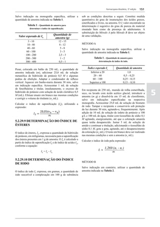 Farmacopeia Brasileira, 5ª edição   151

Salvo indicação na monografia específica, utilizar a             sob as condições descritas a seguir. Constitui medida
quantidade de amostra indicada na Tabela 1.                      quantitativa do grau de insaturações dos ácidos graxos,
                                                                 esterificados e livres, na amostra. O Ii valor encontrado na
            Tabela 1 – Quantidade de amostra para                determinação é sugestivo do grau de pureza do material
              determinar o índice de saponificação.              ensaiado bem como da presença de adulterantes. A
                                                                 substituição do Método A pelo Método B deve ser objeto
                                         Quantidade de           de uma validação.
   Valor esperado de IS
                                          amostra (g)
             3 - 10                          12 - 15
            10 - 40                           8 - 12             MÉTODO A
            40 - 60                            5-8               Salvo indicação na monografia específica, utilizar a
           60 - 100                            3-5               quantidade de amostra indicada na Tabela 1.
          100 - 200                          2,5 - 3
          200 - 300                            1-2                          Tabela 1 – Quantidade de amostra para
          300 - 400                          0,5 - 1                             determinação do índice de iodo.


Pesar, colocada em balão de 250 mL, a quantidade de                   Índice esperado Ii           Quantidade de amostra
amostra indicada (m), adicionar 25,0 mL de solução                       Inferior a 20                          1,0
metanólica de hidróxido de potássio 0,5 M e algumas                         20 – 60                         0,5 – 0,25
pedras de ebulição. Adaptar o condensador de refluxo                       60 – 100                        0,25 – 0,15
vertical. Aquecer em banho-maria durante 30 min, salvo                  Superior a 100                     0,15 – 0,10
em indicação específica. Acrescentar 1 mL de solução
de fenolftaleína e titular, imediatamente, o excesso de

                                                                                                                                   5
                                                                 Em recipiente de 250 mL, munido de rolha esmerilhada,
hidróxido de potássio com solução de ácido clorídrico 0,5        seco, ou lavado com ácido acético glacial, introduzir a
M (mL). Efetuar ensaio em branco nas mesmas condições            amostra (m g) e dissolvê-la em 15 mL de clorofórmio,
e corrigir o volume do titulante (n2 mL).                        salvo em indicações especificadas na respectiva
Calcular o índice de saponificação (IS), utilizando a            monografia. Acrescentar 25,0 mL de solução de brometo
expressão:                                                       de iodo. Tampar o recipiente e conservá-lo sob proteção
                                                                 da luz durante 30 min, agitando-o, frequentemente. Após
                                                                 adição de 10 mL de solução de iodeto de potássio a 100
                                                                 g/L e 100 mL de água, titular com tiossulfato de sódio 0,1
                                                                 M agitando, energicamente, até que a coloração amarela
5.2.29.9 DETERMINAÇÃO DO ÍNDICE DE                               quase tenha desaparecido. Juntar 5 mL de solução de
ÉSTERES                                                          amido e continuar a titulação, adicionando o tiossulfato de
                                                                 sódio 0,1 M, gota a gota, agitando, até o desaparecimento
O índice de ésteres, IE, expressa a quantidade de hidróxido      da coloração (n2 mL). O teste em branco deve ser realizado
de potássio, em miligramas, necessária para a saponificação      nas mesmas condições e sem a amostra (n1 mL).
dos ésteres presentes em 1 g de amostra. O IE é calculado a
                                                                 Calcular o índice de iodo pela expressão:
partir do índice de saponificação IS e do índice de acidez IA,
conforme a equação:

                          IE = IS – IA


5.2.29.10 DETERMINAÇÃO DO ÍNDICE
                                                                 MÉTODO B
DE IODO
                                                                 Salvo indicação em contrário, utilizar a quantidade de
O índice de iodo Ii, expressa, em gramas, a quantidade de        amostra indicada na Tabela 2.
iodo suscetível a complexação em 100 g de substância
 