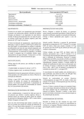 Farmacopeia Brasileira, 5ª edição   161

                                          Tabela1 – Valores típicos de COT em água.

                    Tipo de purificação                                      Faixa esperada de COT (mg/L)
Água potável                                                                             0,5 a 7,0
Destilação                                                                            Cerca de 0,10
Deionização                                                                            0,05 a 0,50
Osmose reversa                                                                         0,04 a 0,10
Osmose reversa + deionização                                                           0,01 a 0,05
Tecnologias combinadas                                                                0,003 a 0,005
Tecnologias combinadas + Oxidação UV                                                     < 0,002

EQUIPAMENTO                                                     PREPARAÇÃO DAS SOLUÇÕES

Consiste de um injetor, um equipamento para decompor            Branco. Preparar a solução do branco, ou quaisquer
a amostra, um sistema para separar o dióxido de carbono         outras soluções necessárias para definir a linha de base, ou
formado, um detector e um registrador do sinal elétrico         proceder à calibração, segundo as instruções do fabricante.
emitido. O tubo de decomposição deve ser capaz de gerar,        Utilizar o branco apropriado para regular o zero do
no mínimo, 0,450 mg/L de carbono orgânico, para uma             aparelho.
amostra de 1,071 mg/L de sacarose.

O limite de detecção do equipamento, especificado pelo          Solução padrão. Dissolver a sacarose R, previamente
fabricante, é igual ou inferior a 0,050 mg de carbono por       dessecada em temperatura de 105 °C durante 3 h, em água
litro (0,05 ppm). A conformidade do sistema é verificada,       COT, de modo a obter uma solução contendo 1,19 mg
periodicamente, por meio de uma solução preparada com
uma substância de difícil oxidação, como por exemplo, a
1,4-benzoquinona. A localização do aparelho é escolhida
                                                                de sacarose por litro (0,50 mg de carbono por litro), para
                                                                verificar o instrumento.                                         5
                                                                Utilizar solução, em água COT, de ftalato ácido de
de modo a assegurar que os resultados obtidos sejam
                                                                potássio, previamente seco a 105 °C durante 4 h, na
representativos da água utilizada. A leitura deve ser feita
                                                                concentração determinada pelo fabricante do equipamento,
imediatamente após a coleta da amostra de água.
                                                                para a calibração do instrumento. Preservar a solução,
                                                                acidificando com H3PO4 concentrado ou H2SO4 concentrado
ÁGUA COT (ACOT)                                                 a pH < 2. Para determinar carbono orgânico e inorgânico,
                                                                separadamente, preparar, também, a solução padrão de
Utilizar água de alta pureza, que satisfaça às seguintes        solução de bicarbonato de sódio (seco em dessecador, por
especificações:                                                 no mínimo 18 horas) e carbonato de sódio decaidratado
- Condutividade: no máximo 0,1 μS.cm–1 a 25 °C;                 (seco a 500 – 600 °C por 30 minutos), na proporção do
                                                                conteúdo de carbono de 1:1, em água COT.
- Carbono orgânico total - no máximo 0,10 mg/L.
                                                                A concentração da solução padrão está calculada para a
Dependendo do tipo de equipamento utilizado os teores em        água purificada, cujo limite de COT é de 500 ppb. Para
metais pesados e em cobre podem ser críticos. Observar as       outros tipos de água, fazer a devida adequação.
instruções do fabricante.
                                                                Solução de conformidade do sistema. Dissolver
Utilizar a água COT como branco; na preparação das              1,4-benzoquinona em água COT, de modo a obter uma
soluções do padrão; de solução de conformidade do               solução a 0,75 mg de 1,4-benzoquinona por litro (0,50 mg
sistema e na limpeza do equipamento. A preparação da            de carbono por litro).
solução padrão e da solução de conformidade do sistema
deve ser concomitante à da amostra.                             Amostra. Coletar a amostra de água em recipiente limpo;
                                                                seco e com tampa, deixando um mínimo de ar. Cuidar para
PREPARAÇÃO DO MATERIAL DE VIDRO.                                não haver qualquer tipo de contaminação. Não utilizar
                                                                material de plástico. Proceder à análise o mais breve
Lavar, cuidadosamente, o material de vidro por meio de          possível, de modo a minimizar os riscos de deterioração ou
um processo que elimine a matéria orgânica. Deixar o            de contaminação da amostra.
material imerso em mistura de partes iguais de solução
de peróxido de hidrogênio diluído a 30% e ácido nítrico         CONFORMIDADE DO SISTEMA
diluído. Enxaguar com água COT.
                                                                Proceder as leituras (L) das soluções de água COT
Caso use uma microseringa para injetar a amostra, essa          (LCot), solução padrão (LPa), solução de conformidade do
deve ser lavada com mistura de solução de hidróxido de          sistema (LCS) e registrar. Calcular a eficácia do sistema em
sódio a 5% com álcool etílico absoluto (1:1), ou em ácido       percentagem, usando a expressão:
clorídrico a 25%. Enxaguar abundantemente com água
COT.
 