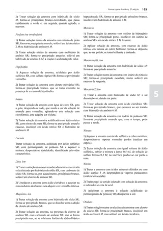 Farmacopeia Brasileira, 5ª edição   165

2) Tratar solução da amostra com hidróxido de sódio          heptaidratado SR, forma-se precipitado cristalino branco,
M; forma-se precipitado branco-esverdeado, que passa         insolúvel em hidróxido de amônio 6 M.
rapidamente a verde e, em seguida, quando agitado, a
marrom.                                                      Mercúrio

Fosfato (ou ortofosfato)                                     1) Tratar solução da amostra com sulfeto de hidrogênio
                                                             SR; forma-se precipitado preto, insolúvel em sulfeto de
1) Tratar solução neutra da amostra com nitrato de prata     amônio SR e em ácido nítrico 2 M fervente.
SR; forma-se precipitado amarelo, solúvel em ácido nítrico
2 M ou hidróxido de amônio 6 M.                              2) Aplicar solução da amostra, sem excesso de ácido
                                                             nítrico, em lâmina de cobre brilhante; forma-se depósito
2) Tratar solução nítrica da amostra com molibdato de        que, ao ser polido, se toma brilhante e prateado.
amônio SR; forma-se precipitado amarelo, solúvel em
hidróxido de amônio 6 M; a reação é acelerada pelo calor.    Mercúrio (II), íon

Hipofosfito                                                  1) Tratar solução da amostra com hidróxido de sódio M;
                                                             forma-se precipitado amarelo.
1) Aquecer solução da amostra, acidulada por ácido
sulfúrico SR, com sulfato cúprico SR; forma-se precipitado   2) Tratar solução neutra da amostra com iodeto de potássio
vermelho.                                                    SR; forma-se precipitado escarlate, muito solúvel em
                                                             excesso de reagente.
2) Tratar solução da amostra com cloreto mercúrico SR;
forma-se precipitado branco, que se toma cinzento na         Mercúrio(I),íon

                                                                                                                             5
presença de excesso de hipofosfito.
                                                             1) Tratar a amostra com hidróxido de sódio M; o sal
Iodeto                                                       decompõe-se, dando cor preta.

1) Tratar solução da amostra com água de cloro SR, gota      2) Tratar solução da amostra com ácido clorídrico SR;
a gota; desprende-se iodo, que muda a cor da solução de      forma-se precipitado branco, que escurece ao ser tratado
amarela para vermelha; agitando-se esta solução com          com hidróxido de amônio 6 M.
clorofórmio, este adquire cor violeta.                       3) Tratar solução da amostra com iodeto de potássio SR;
2) Tratar solução da amostra acidificada com ácido nítrico   forma-se precipitado amarelo que, com o tempo, pode
SR, com nitrato de prata SR; forma-se precipitado amarelo    passar a verde.
caseoso, insolúvel em ácido nítrico SR e hidróxido de
amônio 6 M                                                   Nitrato

                                                             1) Aquecer a amostra com ácido sulfúrico e cobre metálico;
Lactato                                                      desprendem-se vapores vermelho pardos (realizar em
Tratar solução da amostra, acidulada por ácido sulfúrico     capela).
SR, com permanganato de potássio SR e aquecer a              2) Tratar solução da amostra com igual volume de ácido
mistura; desprende-se acetaldeído, identificado pelo odor    sulfúrico, esfriar a mistura e juntar 0,5 mL de solução de
característico.                                              sulfato ferroso 0,5 M; na interface produz-se cor parda a
                                                             roxa.
Lítio, íon
                                                             Nitrito
1) Tratar a solução da amostra moderadamente concentrada
e alcalinizada por hidróxido de sódio SR, com carbonato de   1) Tratar a amostra com ácidos minerais diluídos ou com
sódio SR; forma-se, por aquecimento, precipitado branco,     ácido acético 5 M; desprendem-se vapores pardacentos
solúvel em cloreto de amônio SR.                             (realizar em capela).

2) Umedecer a amostra com ácido clorídrico e aquecer na      2) Tratar papel de amido iodetado com solução da amostra;
zona redutora da chama; esta adquire cor vermelha intensa.   o indicador se cora de azul.

                                                             3) Adicionar a amostra à solução acidificada de
Magnésio, íon                                                permanganato de potássio SR; desaparece a cor.

1) Tratar solução da amostra com hidróxido de sódio SR;
forma-se precipitado branco, que se dissolve com a adição    Oxalato
de cloreto de amônio SR.                                     1) Tratar solução neutra ou alcalina da amostra com cloreto
2) Tratar solução da amostra, na presença de cloreto de      de cálcio SR; forma-se precipitado branco, insolúvel em
amônio SR, com carbonato de amônio SR; não se forma          ácido acético 6 M, mas solúvel em ácido clorídrico.
precipitado mas, ao se adicionar fosfato de sódio dibásico
 