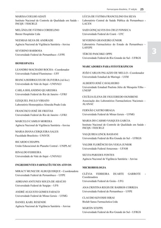 Farmacopeia Brasileira, 5ª edição   25

MARISA COELHO ADATI                                      LÚCIA DE FÁTIMA FRANCELINO DA SILVA
Instituto Nacional de Controle de Qualidade em Saúde -   Laboratório Central de Saúde Pública de Pernambuco -
INCQS / FIOCRUZ                                          LACEN

MELÂNIA DE FÁTIMA CORDELINO                              SAID GONÇALVES DA CRUZ FONSECA
Baxter Hospitalar Ltda                                   Universidade Federal do Ceará – UFC

NEEMIAS SILVA DE ANDRADE                                 SEVERINO GRANJEIRO JÚNIOR
Agência Nacional de Vigilância Sanitária - Anvisa        Laboratório Farmacêutico do Estado de Pernambuco –
                                                         LAFEPE
SEVERINO BARBOSA
Universidade Federal do Pernambuco - UFPE                TÉRCIO PASCHKE OPPE                                               3
                                                         Universidade Federal do Rio Grande do Sul - UFRGS
HOMEOPATIA
                                                         MARCADORES PARA FITOTERÁPICOS
LEANDRO MACHADO ROCHA - Coordenador
Universidade Federal Fluminense - UFF                    JOÃO CARLOS PALAZZO DE MELLO - Coordenador
                                                         Universidade Estadual de Maringá – UEM
BIANCA RODRIGUES DE OLIVEIRA (Ad hoc)
Universidade do Vale do Itajaí - UNIVALI                 ALBERTO JOSÉ CAVALHEIRO
                                                         Universidade Estadual Paulista Júlio de Mesquita Filho –
CARLA HOLANDINO QUARESMA                                 UNESP
Universidade Federal do Rio de Janeiro - UFRJ
                                                         CECÍLIA ELENA DE FIGUEIREDO OGNIBENE
EZEQUIEL PAULO VIRIATO                                   Associação dos Laboratórios Farmacêuticos Nacionais –
Laboratório Homeopático Almeida Prado Ltda               ALANAC

FRANCISCO JOSÉ DE FREITAS                                FERNÃO CASTRO BRAGA
Universidade Federal do Rio de Janeiro - UFRJ            Universidade Federal de Minas Gerais – UFMG

MARCELO CAMILO MORERA                                    MARIA DO CARMO VASQUES GARCIA
Agência Nacional de Vigilância Sanitária - Anvisa        Instituto Nacional de Controle de Qualidade em Saúde -
                                                         INCQS / FIOCRUZ
MARIA DIANA CERQUEIRA SALES
                                                         VALQUIRIA LINCK BASSANI
Faculdade Brasileira - UNIVIX
                                                         Universidade Federal do Rio Grande do Sul – UFRGS
RICARDO CHIAPPA
                                                         VALDIR FLORÊNCIO DA VEIGA JUNIOR
União Educacional do Planalto Central - UNIPLAC
                                                         Universidade Federal Amazonas – UFAM
RINALDO FERREIRA
                                                         SILVIA PAREDES FONTES
Universidade do Vale do Itajaí - UNIVALI
                                                         Agência Nacional de Vigilância Sanitária – Anvisa

INGREDIENTES FARMACÊUTICOS ATIVOS
                                                         MICROBIOLOGIA
MIRACY MUNIZ DE ALBUQUERQUE - Coordenadora
                                                         CLÉVIA FERREIRA DUARTE                      GARROTE           -
Universidade Federal de Pernambuco – UFPE
                                                         Coordenadora
ADRIANO ANTUNES SOUZA DE ARAÚJO                          Universidade Federal de Goiás - UFG
Universidade Federal de Sergipe – UFS
                                                         ANA CRISTINA REGIS DE BARROS CORREIA
ANDRÉ AUGUSTO GOMES FARACO                               Universidade Federal de Pernambuco – UFPE
Universidade Federal de Minas Gerais – UFMG
                                                         CLAUDIO KIYOSHI HIRAI
DANIEL KARL RESENDE                                      Biolab Sanus Farmacêutica Ltda
Agência Nacional de Vigilância Sanitária – Anvisa
                                                         MARTIN STEPPE
                                                         Universidade Federal do Rio Grande do Sul - UFRGS
 
