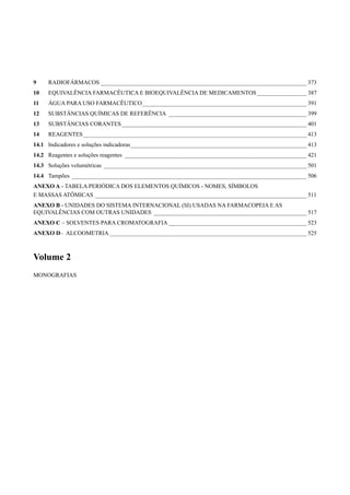 9	    RADIOFÁRMACOS_______________________________________________________________________ 373
10	   EQUIVALÊNCIA FARMACÊUTICA E BIOEQUIVALÊNCIA DE MEDICAMENTOS__________________ 387
11	   ÁGUA PARA USO FARMACÊUTICO_ _______________________________________________________ 391
                                _
12	   SUBSTÂNCIAS QUÍMICAS DE REFERÊNCIA_ _______________________________________________ 399
13	   SUBSTÂNCIAS CORANTES________________________________________________________________ 401
14	   REAGENTES_____________________________________________________________________________ 413
14.1	 Indicadores e soluções indicadoras_ ___________________________________________________________ 413
                                        _
14.2	 Reagentes e soluções reagentes_ ______________________________________________________________ 421
14.3	 Soluções volumétricas_ _____________________________________________________________________ 501
14.4	 Tampões_ ________________________________________________________________________________ 506
ANEXO A - TABELA PERIÓDICA DOS ELEMENTOS QUÍMICOS - NOMES, SÍMBOLOS
E MASSAS ATÔMICAS_________________________________________________________________________ 511
ANEXO B - UNIDADES DO SISTEMA INTERNACIONAL (SI) USADAS NA FARMACOPEIA E AS
EQUIVALÊNCIAS COM OUTRAS UNIDADES_ ____________________________________________________ 517
ANEXO C – SOLVENTES PARA CROMATOGRAFIA________________________________________________ 523
ANEXO D– ALCOOMETRIA____________________________________________________________________ 525



Volume 2
Monografias
 