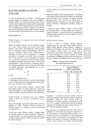 Farmacopeia Brasileira, 5ª edição    61

                                                                Produtos líquidos em recipientes para dose única (exceto
5.1.2 DETERMINAÇÃO DE                                           injetáveis)
VOLUME                                                          Separar 10 unidades. Verter, separadamente, o conteúdo de
                                                                cada unidade em provetas secas calibradas de capacidade
O teste de determinação de volume é requerido para              que não exceda 2,5 vezes o volume a ser medido, tomando
produtos líquidos em recipientes para doses múltiplas e         precauções para evitar a formação de bolhas. Deixar o
produtos líquidos em recipientes para dose única. O teste       líquido escoar por 5 segundos, a menos que indicado de
se aplica tanto a preparações líquidas quanto a preparações     maneira diferente na monografia individual. Efetuar a
líquidas obtidas a partir de pós para reconstituição. O teste   medição.
não é requerido para produtos líquidos em recipientes
para dose única quando, na monografia individual, constar       A partir dos valores obtidos, calcular o volume médio
requerimento para Uniformidade de doses unitárias (5.1.6).      das unidades testadas. O volume médio não é inferior ao
                                                                volume declarado, e o volume individual de nenhuma das
                                                                unidades testadas é inferior a 95,0% ou superior a 110,0%
PROCEDIMENTO                                                    do volume declarado.

Produtos líquidos em recipientes para doses múltiplas           Produtos líquidos injetáveis
(exceto injetáveis)
                                                                O teste se aplica a produtos líquidos injetáveis
Separar 10 unidades. Remover os lacres metálicos, quando        acondicionados em recipientes como ampolas, frascos-
for o caso. Retirar rótulos que possam sofrer danos             ampola, bolsas plásticas, frascos plásticos, carpules ou
durante o teste. Pesar, individualmente, cada recipiente        seringas pré-carregadas. Os recipientes são preenchidos
com as respectivas tampas. Homogeneizar, remover e

                                                                                                                                  5
                                                                com pequeno excesso volume, de acordo com as
reunir os conteúdos e reservar para a determinação da           características do produto, para permitir a administração
densidade de massa. Lavar os recipientes e as tampas            do volume declarado. Os excessos mínimos de volume
com água e, em seguida, com etanol. Secar em estufa a           recomendados na Tabela 1 geralmente são suficientes para
105 ºC, por uma hora, ou em temperatura compatível              permitir a retirada e a administração do volume declarado.
com o material do recipiente, até peso constante. Esfriar
à temperatura ambiente, recolocar a tampa e outras partes                Tabela 1 – Excesso de volume recomendado
correspondentes e pesar novamente. A diferença entre as                        para produtos líquidos injetáveis.
duas pesagens representa o peso do conteúdo. Determinar
os volumes individuais correspondentes (V), em mL,                                                  Excesso mínimo de
utilizando a expressão:                                         Volume declarado (mL)              volume recomendado
                                m                                                               móveis / mL viscosos / mL
                          V =
                                ρ                               0,5                                  0,10             0,12
em que
                                                                1,0                                  0,10             0,15
m = peso do conteúdo, em g;                                     2,0                                  0,15             0,25
ρ = densidade de massa do produto, em g/mL, determinada         3,0                                  0,20             0,35
a 20 ºC, conforme descrito em Determinação da densidade         4,0                                  0,25             0,45
de massa e densidade relativa (5.2.5).                          5,0                                  0,30             0,50
                                                                10,0                                 0,50             0,70
A partir dos valores obtidos, calcular o volume médio           20,0                                 0,60             0,90
das unidades testadas. O volume médio não é inferior ao         30,0                                 0,80             1,20
volume declarado e o volume individual de nenhuma das
                                                                50,0 ou mais                         2%               3%
unidades testadas é inferior a 95,0% do volume declarado.

                                                                Suspensões e emulsões devem ser agitadas antes da
Produtos líquidos em recipientes para doses múltiplas           retirada do conteúdo e antes da determinação da densidade.
obtidos a partir de pós para reconstituição (exceto             Preparações oleosas ou muito viscosas podem ser
injetáveis)                                                     aquecidas, se necessário, segundo as indicações do rótulo
Separar 10 unidades. Reconstituir cada unidade conforme         ou a 37 ºC, e agitadas vigorosamente antes da retirada do
indicado no rótulo. Proceder conforme descrito em               conteúdo. Os conteúdos são então esfriados entre 20 ºC e
Produtos líquidos em recipientes para doses múltiplas           25 ºC antes da medição do volume.
(exceto injetáveis).                                            Para injetáveis em recipientes para dose única, testar 6
A partir dos valores obtidos, calcular o volume médio           unidades se o volume declarado é igual ou superior a 10
das unidades testadas. O volume médio não é inferior ao         mL, 10 unidades se o volume declarado é superior a 3 mL
volume declarado e o volume individual de nenhuma das           e inferior a 10 mL, ou 12 unidades se o volume declarado é
unidades testadas é inferior a 95,0% ou superior a 110,0%       igual ou inferior a 3 mL. Remover o conteúdo total de cada
do volume declarado.                                            unidade com auxílio de seringa de capacidade que não
                                                                exceda 3 vezes o volume a ser medido, munida de agulha
 