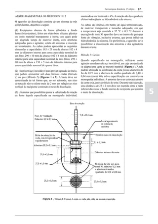 Farmacopeia Brasileira, 5ª edição   67

APARELHAGEM PARA OS MÉTODOS 1 E 2                                mantendo-a nos limites de ± 4%. A rotação não deve produzir
                                                                 efeitos indesejáveis na hidrodinâmica do sistema.
O aparelho de dissolução consiste de um sistema de três
componentes, descritos a seguir.                                 As cubas são imersas em banho de água termostatizado,
                                                                 de material transparente e tamanho adequado, em que
(1) Recipientes abertos de forma cilíndrica e fundo              a temperatura seja mantida a 37 ºC ± 0,5 ºC durante a
hemisférico (cubas), feitos em vidro boro silicato, plástico     execução do teste. O aparelho deve ser isento de qualquer
ou outro material transparente e inerte, aos quais pode          fonte de vibração, inclusive externa, que possa influir na
ser adaptada tampa de material inerte, com aberturas             hidrodinâmica do sistema. De preferência, o aparelho deve
adequadas para o agitador, coleta de amostras e inserção         possibilitar a visualização das amostras e dos agitadores
de termômetro. As cubas podem apresentar as seguintes            durante o teste.
dimensões e capacidades: 185 ± 25 mm de altura e 102 ± 4
mm de diâmetro interno para uma capacidade nominal de
um litro; 290 ± 10 mm de altura e 102 ± 4 mm de diâmetro         Método 1: Cestas
interno para uma capacidade nominal de dois litros; 290 ±        Quando especificado na monografia, utiliza-se como
10 mm de altura e 150 ± 5 mm de diâmetro interno para            agitador uma haste de aço inoxidável, em cuja extremidade
uma capacidade nominal de quatro litros.                         se adapta uma cesta do mesmo material (Figura 1). A tela
(2) Hastes em aço inoxidável para prover agitação do meio,       padrão utilizada na confecção da cesta possui diâmetro de
que podem apresentar sob duas formas: cestas (Método             fio de 0,25 mm e abertura de malha quadrada de 0,40 ±
1) ou pás (Método 2) (Figuras 1 e 2). A haste deve ser           0,04 mm (mesh 40), salvo especificação em contrário na
centralizada de tal forma que, ao ser acionada, seu eixo         monografia individual. A amostra deve ser colocada dentro
de rotação não se afaste mais de 2 mm em relação ao eixo         da cesta seca, antes do início do teste. Durante sua execução,
vertical do recipiente contendo o meio de dissolução.            uma distância de 25 ± 2 mm deve ser mantida entre a parte

                                                                                                                                    5
                                                                 inferior da cesta e o fundo interno do recipiente que contém
(3) Um motor que possibilita ajustar a velocidade de rotação     o meio de dissolução.
da haste àquela especificada na monografia individual,




                          Figura 1 – Método 1 (Cestas). A cesta e a cuba não estão na mesma proporção.
 