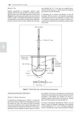 68    Farmacopeia Brasileira, 5ª edição


    Método 2: Pás                                                       uma distância de 25 ± 2 mm deve ser mantida entre o
                                                                        extremo inferior das pás e o fundo interno do recipiente
    Quando especificado na monografia, utiliza-se como                  que contém o meio de dissolução.
    agitador uma haste de aço inoxidável, revestida ou não de
    material inerte, cuja extremidade apresenta a forma de pá           É importante que as amostras não flutuem no meio de
    (Figura 2), capaz de girar suavemente e sem desvio de eixo          dissolução. Pode-se recorrer a um dispositivo apropriado,
    durante o tempo e velocidade especificados na monografia            confeccionado em fio de aço espiralado em poucas voltas
    correspondente. A amostra deve ser adicionada, sempre que           e em diâmetro suficiente para a prisionar a cápsula ou o
    possível, antes do início do teste. Durante sua execução,           comprimido sem deformá-los nem reduzir a área de contato
                                                                        com o meio.




5




                                    Figura 2 – Método 2 (Pás). A pá e a cuba não estão na mesma proporção.


    APARELHAGEM PARA O MÉTODO 3                                         dos cilindros. Um motor e um dispositivo de encaixe dos
                                                                        cilindros devem possibilitar movimento alternante vertical,
                                                                        ascendente e descendente, dos cilindros nos frascos e,
    Método 3: Cilindros Alternantes
                                                                        também, propiciar deslocamento horizontal do cilindro
    O aparelho de dissolução para o Método 3 consiste de                para outro frasco disposto em uma fila diferente.
    uma série de frascos cilíndricos de fundo plano; uma série
                                                                        Os frascos permanecem parcialmente imersos em um
    de cilindros de vidro com sistema de fecho de material
                                                                        banho de água, de dimensões adequadas, que possibilita
    inerte (aço inoxidável ou outro material adequado) e telas
                                                                        a termo estatização a 37 °C ± 0,5 °C durante o período de
    confeccionadas de material não adsorvente e não reativo,
                                                                        ensaio. O aparelho deve estar isento de qualquer vibração,
    destinadas a serem acopladas nas partes: superior e inferior
 