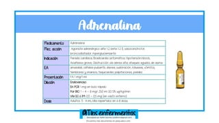 Adrenalina
Medicamento Adrenalina
Mec. acción Agonista adrenérgico alfa 1-2, beta 1-2-3, vasoconstrictor,
broncodilatador,...