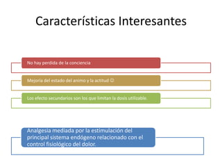 Características Interesantes

No hay perdida de la conciencia


Mejoría del estado del animo y la actitud 


Los efecto secundarios son los que limitan la dosis utilizable.




Analgesia mediada por la estimulación del
principal sistema endógeno relacionado con el
control fisiológico del dolor.
 