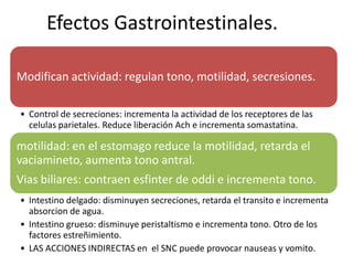 Efectos Gastrointestinales.

Modifican actividad: regulan tono, motilidad, secresiones.

• Control de secreciones: incrementa la actividad de los receptores de las
  celulas parietales. Reduce liberación Ach e incrementa somastatina.

motilidad: en el estomago reduce la motilidad, retarda el
vaciamineto, aumenta tono antral.
Vias biliares: contraen esfinter de oddi e incrementa tono.
• Intestino delgado: disminuyen secreciones, retarda el transito e incrementa
  absorcion de agua.
• Intestino grueso: disminuye peristaltismo e incrementa tono. Otro de los
  factores estreñimiento.
• LAS ACCIONES INDIRECTAS en el SNC puede provocar nauseas y vomito.
 