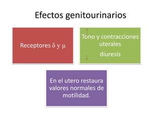 Efectos genitourinarios

                     Tono y contracciones
Receptores δ y μ           uterales
                            diuresis


          En el utero restaura
          valores normales de
               motilidad.
 