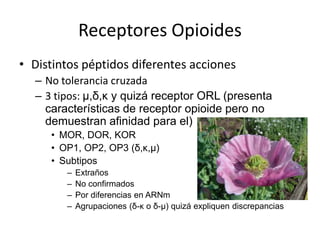 Receptores Opioides
• Distintos péptidos diferentes acciones
  – No tolerancia cruzada
  – 3 tipos: μ,δ,κ y quizá receptor ORL (presenta
    características de receptor opioide pero no
    demuestran afinidad para el)
     • MOR, DOR, KOR
     • OP1, OP2, OP3 (δ,κ,μ)
     • Subtipos
        –   Extraños
        –   No confirmados
        –   Por diferencias en ARNm
        –   Agrupaciones (δ-κ o δ-μ) quizá expliquen discrepancias
 