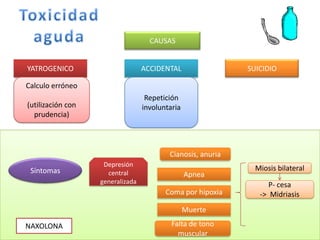 CAUSAS


YATROGENICO                       ACCIDENTAL                 SUICIDIO

Calculo erróneo
                                   Repetición
(utilización con                  involuntaria
  prudencia)



                                          Cianosis, anuria
                    Depresión
 Síntomas                                                      Miosis bilateral
                     central                     Apnea
                   generalizada                                    P- cesa
                                         Coma por hipoxia       -> Midriasis
                                                 Muerte

NAXOLONA                                   Falta de tono
                                             muscular
 