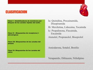 Clase I : Estabilizadores de membrana porClase I : Estabilizadores de membrana por
bloqueo de los canales rápidos del sodio.bloqueo de los canales rápidos del sodio.
Clase II : Bloqueantes de receptoresClase II : Bloqueantes de receptores ββ--
adrenérgicosadrenérgicos
Clase III: Bloqueantes de los canales delClase III: Bloqueantes de los canales del
potasiopotasio
Clase IV: Bloqueantes de los canales delClase IV: Bloqueantes de los canales del
calciocalcio
CLASIFICACION
Ia: Quinidina, Procainamida,
Disopiramida
Ib: Mexiletina, Lidocaína, Tocaínida
Ic: Propafenona, Flecaínida,
Encaínida
Atenolol, Propranolol, Bisoprolol
Amiodarona, Sotalol, Bretilio
Verapamilo, Diltiazem, Nifedipino
 