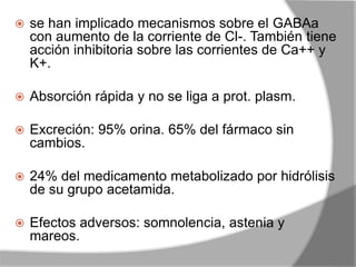  se han implicado mecanismos sobre el GABAa
con aumento de la corriente de Cl-. También tiene
acción inhibitoria sobre las corrientes de Ca++ y
K+.
 Absorción rápida y no se liga a prot. plasm.
 Excreción: 95% orina. 65% del fármaco sin
cambios.
 24% del medicamento metabolizado por hidrólisis
de su grupo acetamida.
 Efectos adversos: somnolencia, astenia y
mareos.
 