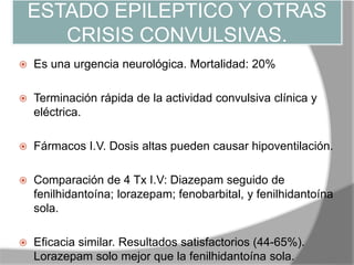ESTADO EPILEPTICO Y OTRAS
CRISIS CONVULSIVAS.
 Es una urgencia neurológica. Mortalidad: 20%
 Terminación rápida de la actividad convulsiva clínica y
eléctrica.
 Fármacos I.V. Dosis altas pueden causar hipoventilación.
 Comparación de 4 Tx I.V: Diazepam seguido de
fenilhidantoína; lorazepam; fenobarbital, y fenilhidantoína
sola.
 Eficacia similar. Resultados satisfactorios (44-65%).
Lorazepam solo mejor que la fenilhidantoína sola.
 
