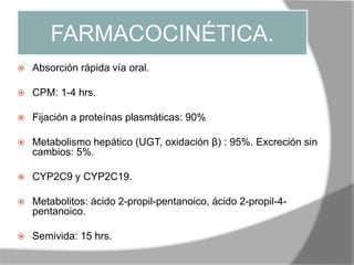 FARMACOCINÉTICA.
 Absorción rápida vía oral.
 CPM: 1-4 hrs.
 Fijación a proteínas plasmáticas: 90%
 Metabolismo hepático (UGT, oxidación β) : 95%. Excreción sin
cambios: 5%.
 CYP2C9 y CYP2C19.
 Metabolitos: ácido 2-propil-pentanoico, ácido 2-propil-4-
pentanoico.
 Semivida: 15 hrs.
 