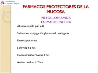 FARMACOS PROTECTORES DE LA MUCOSA METOCLOPRAMIDA FARMACOCINETICA Absorve rápidp por V.O Sulfatación, conjugación glucuronido en higado Excreta por orina Semivida 4-6 hrs Concentración Máxima 1 hrs Acción perdura 1-2 hrs 