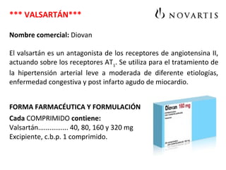 *** VALSARTÁN***
Nombre comercial: Diovan
El valsartán es un antagonista de los receptores de angiotensina II,
actuando sobre los receptores AT1
. Se utiliza para el tratamiento de
la hipertensión arterial leve a moderada de diferente etiologías,
enfermedad congestiva y post infarto agudo de miocardio.
FORMA FARMACÉUTICA Y FORMULACIÓN
Cada COMPRIMIDO contiene:
Valsartán................ 40, 80, 160 y 320 mg
Excipiente, c.b.p. 1 comprimido.
 