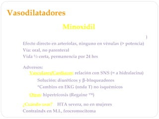 Vasodilatadores
Minoxidil
Mecanismo de acción: apertura canales K+
(hiperpolarización)
Efecto directo en arteriolas, ninguno en vénulas (> potencia)
Vía: oral, no parenteral
Adversos:
Vasculares/Cardíacos: relación con SNS (= a hidralacina)
Otros: hipertricosis (Regaine ™)
Solución: diuréticos y β-bloqueadores
*Cambios en EKG (onda T) no isquémicos
Vida ½ corta, permanencia por 24 hrs
¿Cuándo usar? HTA severa, no en mujeres
Contraindx en M.I., feocromocitoma
 