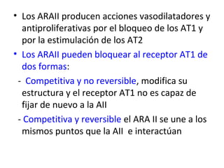 • Los ARAII producen acciones vasodilatadores y
antiproliferativas por el bloqueo de los AT1 y
por la estimulación de los AT2
• Los ARAII pueden bloquear al receptor AT1 de
dos formas:
- Competitiva y no reversible, modifica su
estructura y el receptor AT1 no es capaz de
fijar de nuevo a la AII
- Competitiva y reversible el ARA II se une a los
mismos puntos que la AII e interactúan
 
